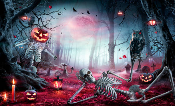 istock Skeletons In Spooky Forest At Moonlight 1674491509