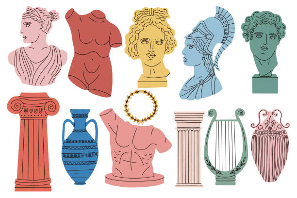 ilustrații de stoc cu set statuie antică coloană cap vază - grecia antică