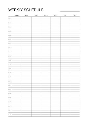A4 Paper size 24 Hourly Weekly Schedule Sunday Start
