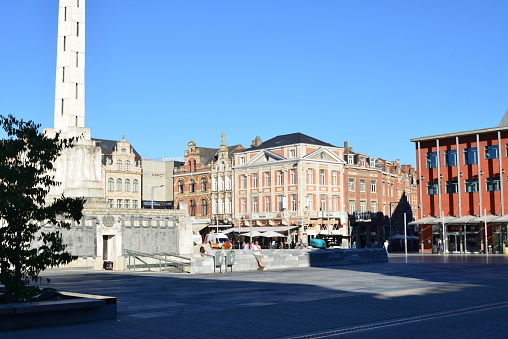 Leuven, Vlaams-Brabant, Belgium - September 6, 2023: view on Martelaren Square on a sunny day. Young adults walking, relaxing