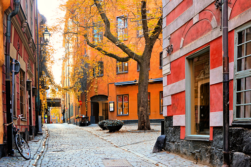 Colorful leafy corner of Gamla Stan, Stockholm, Sweden during autumn