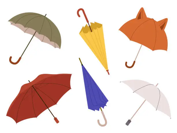 Vector illustration of Different Umbrellas in various positions. Open and folded umbrellas. Vector illustration in flat style