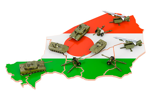 Combat vehicles on republic of the Niger map. Military defence of republic of the Niger concept, 3D rendering isolated on white background
