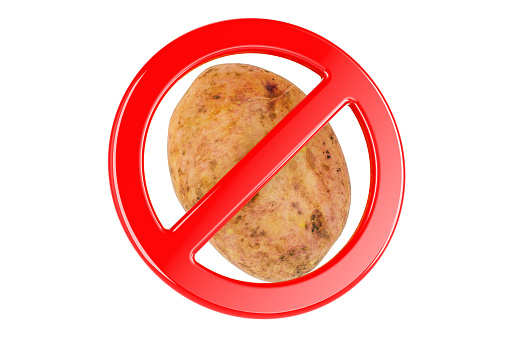 Potato with forbidden sign, 3D rendering isolated on white background