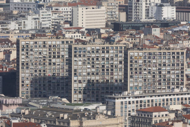 An aereal view on a residential area of Marseille, where the tours Labourdette are situated. The angle chosen emphasizes the dense populated post-WWII suburbs of many french and european cities