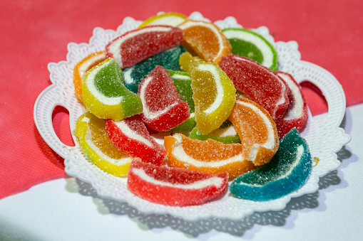 Tray With Sweets Of Different Colors And Flavors; Gummies And Meringues.