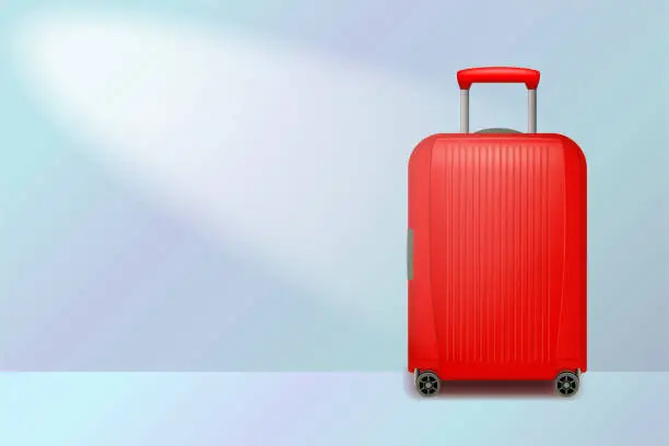 Vector illustration of Realistic red wheeled travel bag with hand.