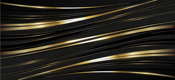 Vector illustration of Black and gold luxury background. Wavy striped pattern. Elegant banner for invitations, flyers, packaging.