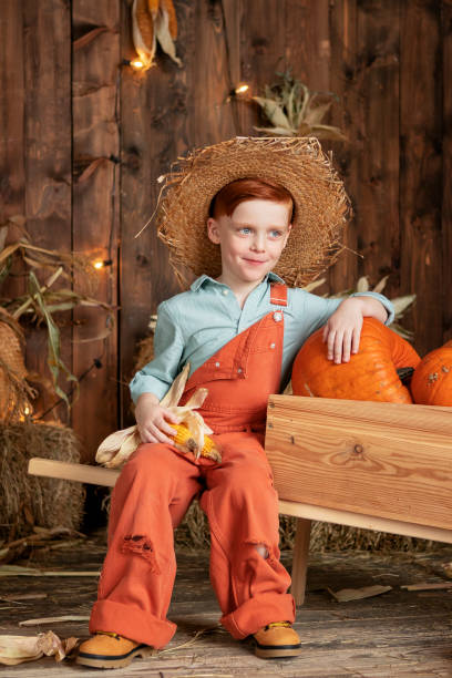 istock boy in orange overalls and straw hat harvesting pumpkins 1674565384