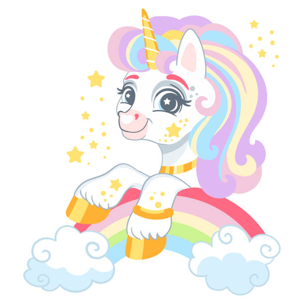 Cute cartoon character unicorn on a rainbow vector Cute cartoon character unicorn on a rainbow. Vector illustration isolated on white background. Happy magic unicorn. For print, design, poster, sticker, card, decoration,t shirt,kids clothes disney character free background stock illustrations