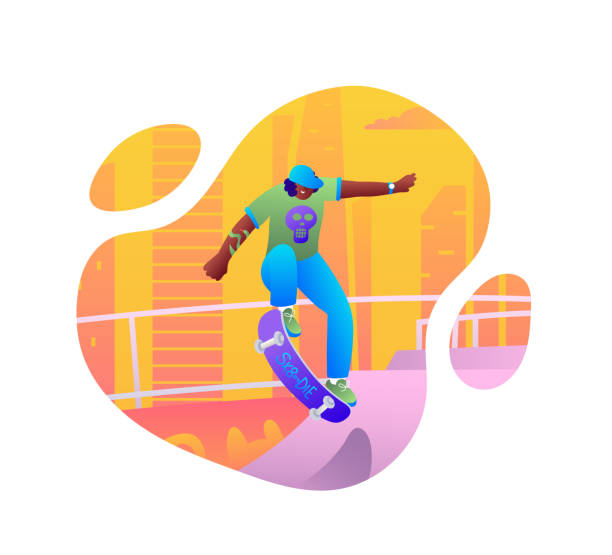 illustrations, cliparts, dessins animés et icônes de street skateboard, urban skate park thrill, illustration vectorielle d’un skateboarder planant au-dessus d’une rampe, bubble frame - hip hop hipster afro men