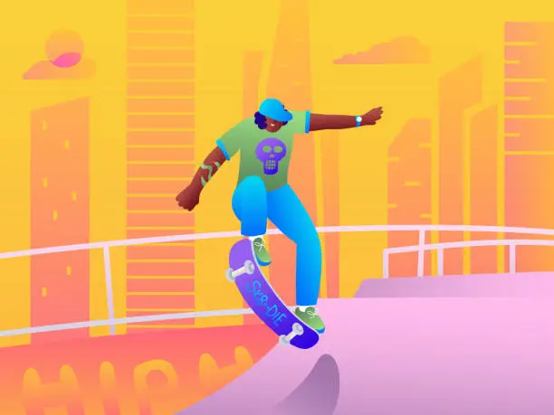 Vector illustration of Street Skateboard, Urban skate park thrill, Vector illustration of a skateboarder soaring over a ramp