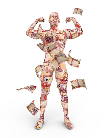 3D rendering of human figure made up of Ghanaian cedi notes