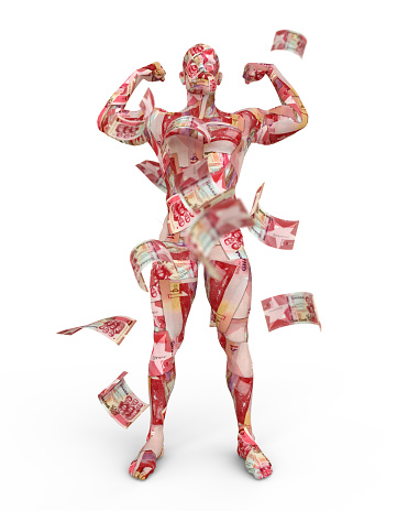 3D rendering of human figure made up of Ghanaian cedi notes