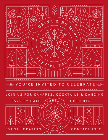 Vector illustration of a Festive Party Invitation for Christmas, Holiday design template with elegant icons in line art style. Fully editable and customizable vector eps and high resolution jpg in download.