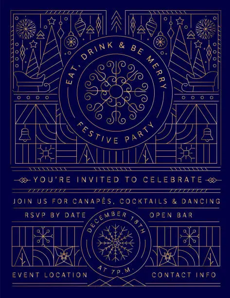 Vector illustration of Festive Party Invitation for Christmas, Holiday geometric design template in gold colors with elegant icons in line art style