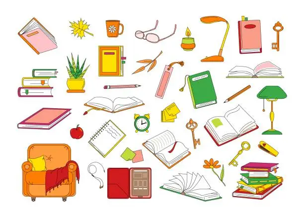 Vector illustration of Set of books and objects related to reading