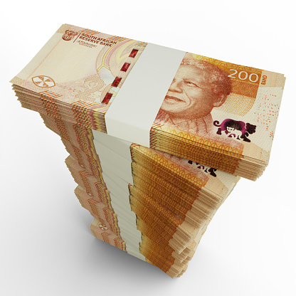 3D rendering of stacks of South African Rand notes arranged in a long single column. 3d rendering of bundles of cash