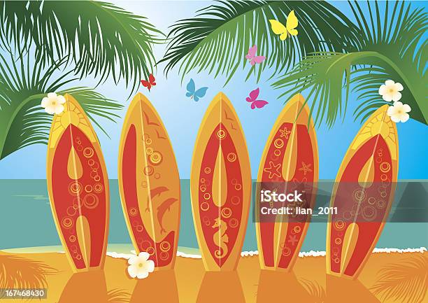 Ilustración de Postal De Verano Vacacionestablas De Surf Con Texto Aloha y más Vectores Libres de Derechos de Actividad