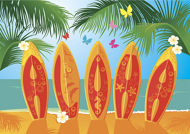 夏の休日のはがき－サーフボード、テキストアロハ - text surfing surf palm tree点のイラスト素材／クリップアート素材／マンガ素材／アイコン素材