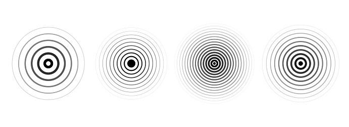 Black concentric ripple circles set. Linear sound wave rings collection. Epicenter, target, radar, sonar icon concept. Radial signal or vibration elements. Halftone vector illustration