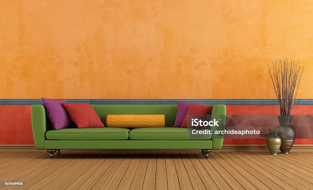 Green red and orange living room Green sofa in a colorful vintage rom - rendering Apartment Stock Photo