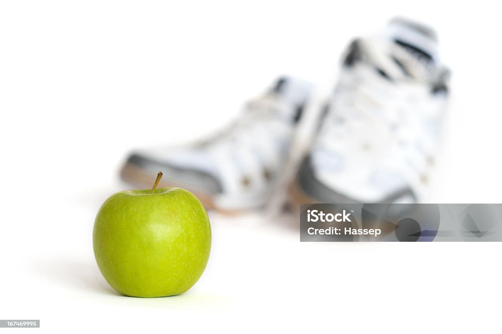 Maçã com sapatos de running em segundo plano - Royalty-free Alimentação Saudável Foto de stock