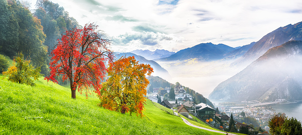 Captivating autumn view on suburb of Stansstad city and Lucerne lake with mountaines and fog. Poppular travel destination in Swiss Alps.   Location: Stansstad, Canton of Nidwalden, Switzerland, Europe