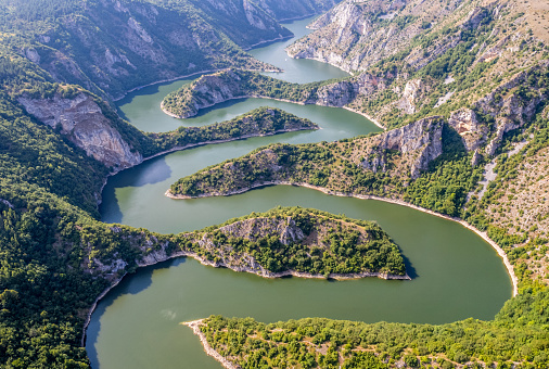 Aerial view to viewpoint Vidikovac Molitva, with curved meanders in canyon of Uvac river, Serbia