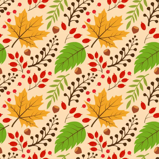 Vector illustration of Pattern with autumn leaves. Vector seamless drawing of leaves, acorns, nuts, mountain ash. Background for textiles or book covers, wallpaper, design, graphics, printing, hobbies, invitations.