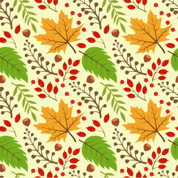 Vector illustration of Pattern with autumn leaves. Vector seamless drawing of leaves, acorns, nuts, mountain ash. Background for textiles or book covers, wallpaper, design, graphics, printing, hobbies, invitations.