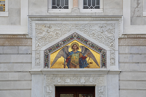 Trieste, Italy - October 14, 2014: Mosaic Icon at Entrance to Serbian Orthodox Parish Church of Saint Spyridion Thaumaturge.
