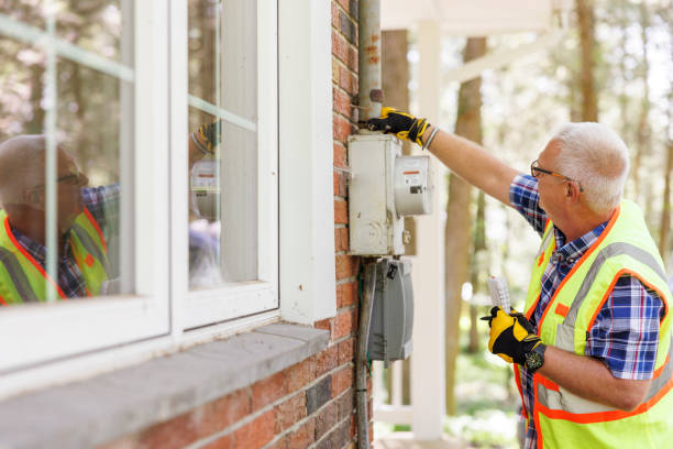 istock Electricity meter in non-functionalafter storm. Mature gray haired claim agent in safety vest writing notes and checking meters to see if they damaged. 1674767126