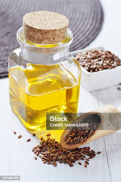 Linseed Oil Stock Photo - Download Image Now - Agriculture, Bottle, Bowl