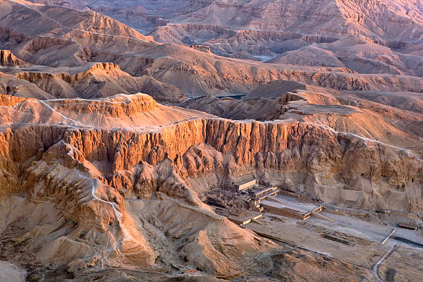 Luxor West Bank above Egypt. Aerial view over the West Bank of Luxor. Deir el-Bahari - the Mortuary Temple of Hatshepsut and fragment of the Valley of the Kings temple of hatshepsut photos stock pictures, royalty-free photos & images