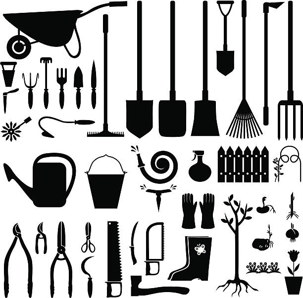 ilustrações, clipart, desenhos animados e ícones de jardim conjunto de equipamento - watering can shovel rake silhouette