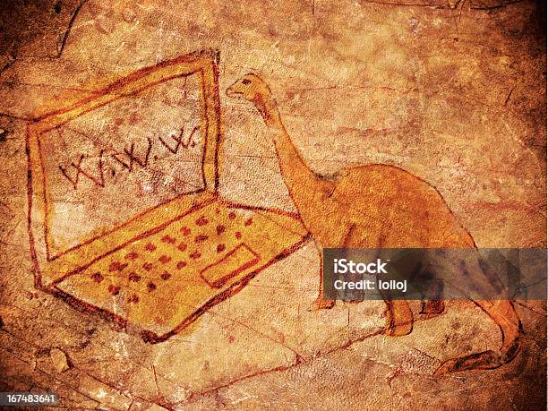 Prehistoric Petroglyph With Computer And Dinosaur Stock Photo - Download Image Now - Cave Painting, Dinosaur, History