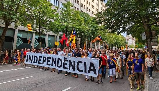 People gathered in Girona during the Catalan National Day to demand the freedom and independence of Catalonia from Spain peacefully, on September 11th, 2023.\n\nThis protest demonstration is one of the political events which took place during the Catalan National Day every year.