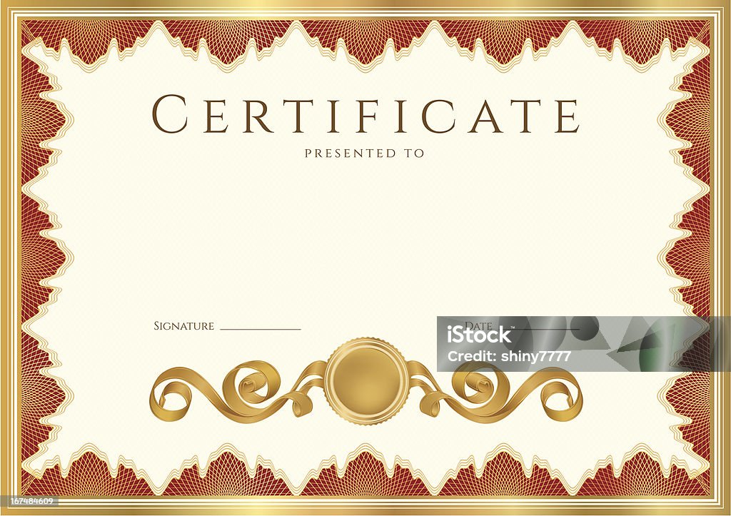 Certificate / diploma of completion (template) with gold, red borders. Guilloche Horizontal certificate of completion (template) with guilloche pattern (watermarks) and golden, red (maroon or vinous) floral border. This background design usable for diploma, invitation, gift voucher, coupon, official or different awards. Vector Abstract stock vector