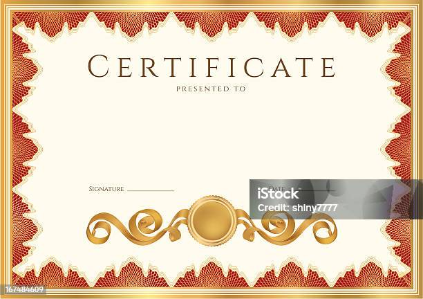 Certificate Diploma Of Completion With Gold Red Borders Guilloche Stock Illustration - Download Image Now