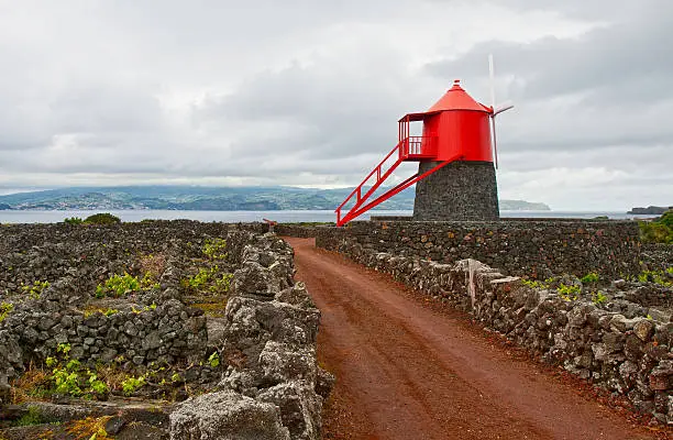 Traditional windmill in a landscape of the Azores