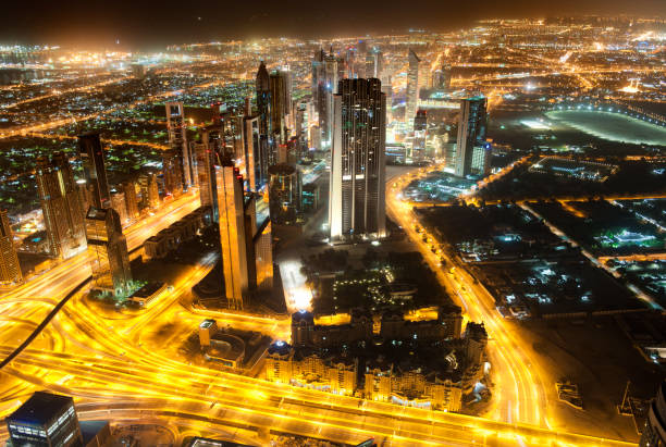 istock Aerial view on Sheikh Zayed Road, Dubai Downtown at night 167486816