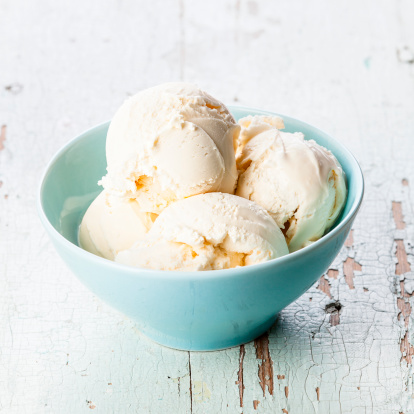 Vanilla ice cream in blue bowl