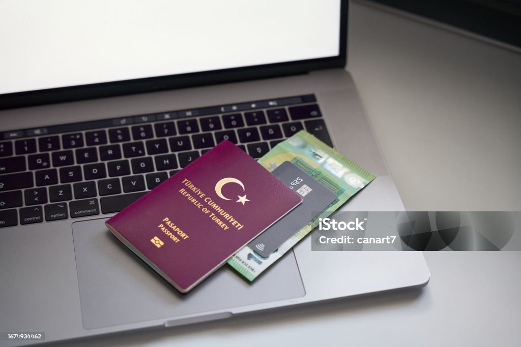 Turkish Passport, euro and credit card. Europa Travel planning. Adventure Stock Photo