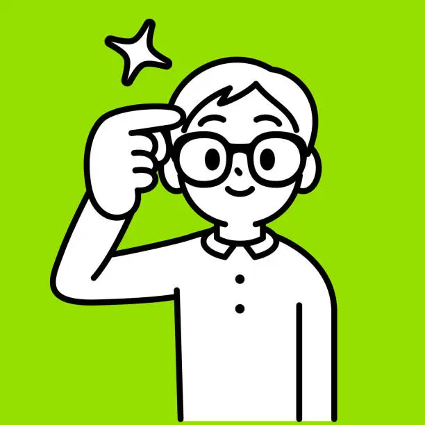 Vector illustration of A studious boy with Horn-rimmed glasses confidently points his index finger at his head, looking at the viewer, minimalist style, black and white outline, The Power of Knowledge, The Point of Understanding, The Way of Learning