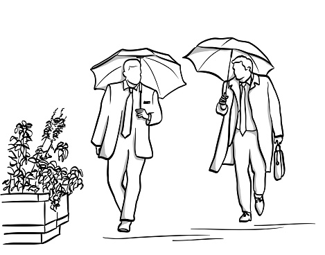 Two business men walking down the street on a rainy day.  Illustration