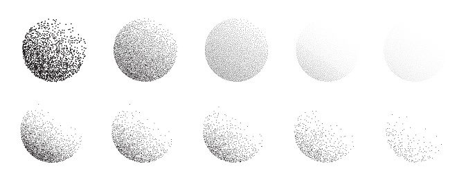 Dotwork grain noise gradient circles. Pointillism gradient pattern. Radial stochastic grange texture. Dotwork stipple halftone effect for tattoo. Dotted sphere, stipple element. Vector background