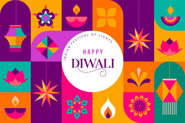selamat diwali, festival cahaya. desain minimalis geometris modern. poster, spanduk, dan templat media sosial - deepawali ilustrasi stok