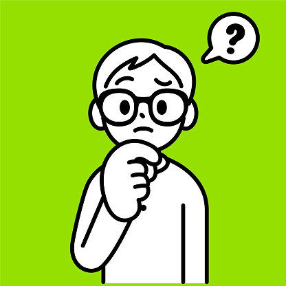 Minimalist Style Characters Designs Vector Art Illustration.
A studious boy with Horn-rimmed glasses full of doubts with one hand on his chin, looking at the viewer, minimalist style, black and white outline, Contemplating Knowledge, The Quest for Answers, Inquisitive Mind, Thoughts in Motion.