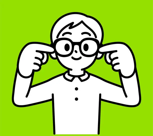 Vector illustration of A boy wearing Horn-rimmed glasses with his forefingers in his ears, hearing no evil, looking at the viewer, No Fake News, minimalist style, black and white outline